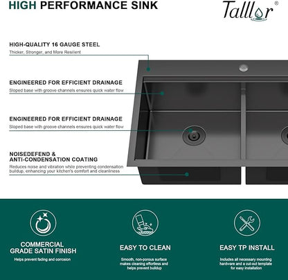 36 Inch Drop-In Double Bowl Kitchen Sink with Faucet, 16 Gauge 304 Stainless Steel 50/50 Low Divide Workstation All-In One Large Sink with Accessories Gunmetal Black #TL-FDOE00094