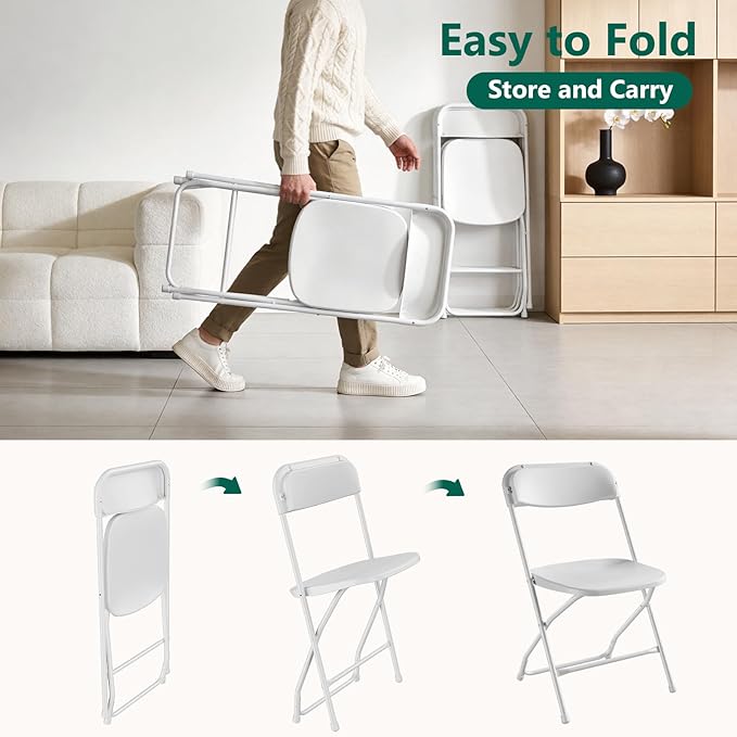 2 Pack White Plastic Folding Chairs, Outdoor Portable Folding Chair with Steel Frame, 350lbs Capacity Stackable Foldable Chairs for Patio, Garden, Picnic, Kitchen, Events