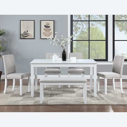 6 Piece Dining Table Set for 6, Rectangular Wooden Table with 4 Upholstered Chairs and 1 Bench, Elegant White Dining Room Set with Crystal Decoration