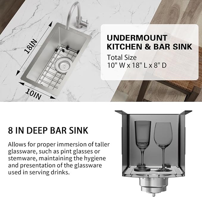 Kitchen And Bar Sink,10x18 Inch Stainless Steel Drop In Single Bowl Undermount RV Prep Small Kitchen&Bar Sink Ideal Choice For Small Space Come With Bottom Grid,Soap Mat And Drain Assembly