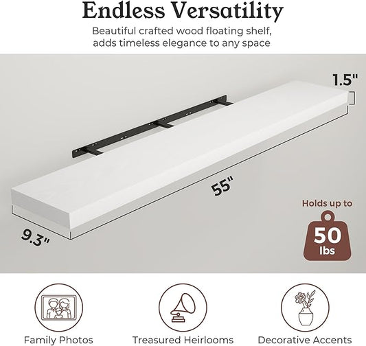 Floating Shelves for Wall, 9.3" Deep Wall Mounted Wood Shelves for Bathroom, Bedroom (White, 55)