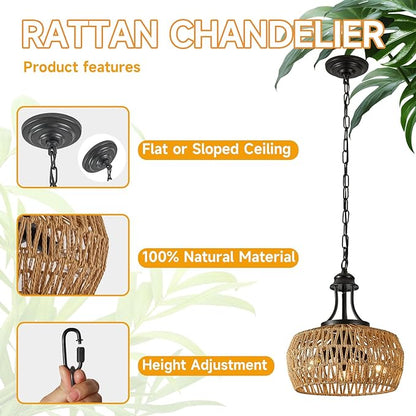 12.6" Chandeliers for Dining Room, 3-Light Rattan Chandelier with Rattan Lampshade, Adjustable Height Coastal Chandeliers, Vintage Pendant Lighting for Kitchen, Bedroom