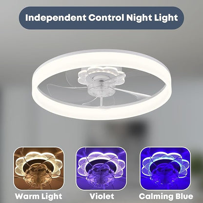 Fszdorj 20'' Ceiling Fan with Light, Upgraded Low Profile Fan, Flush Mount Ceiling Fan, 6 Speeds, Dimmable LED, App & Remote Control, Quiet DC Motor, for Bedroom, Living Room, F116 White