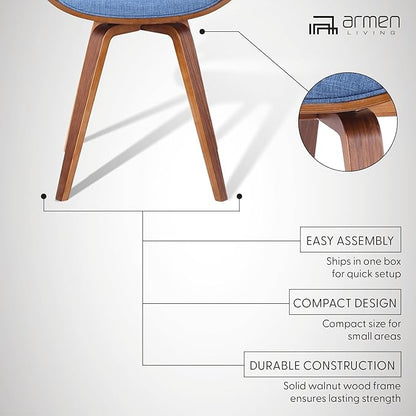 Armen Living Summer Mid-Century Chair in Blue Fabric with Walnut Wood Finish - Set of 6