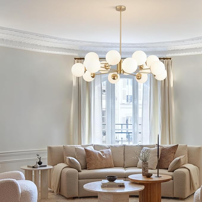 BOKT Gold Sputnik Chandelier 16-Light Globe Pendant Light Modern Ceiling Light Fixture Brushed Brass Chandelier Milk Glass Ball Large Pendant Lighting for Dining Room Kitchen Island Living Room