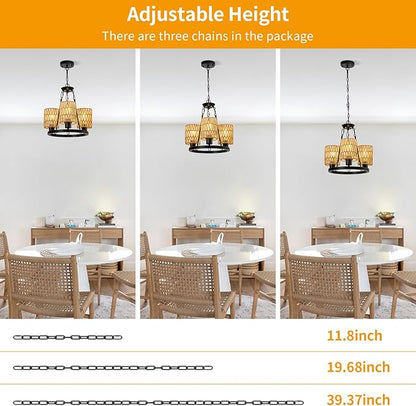 3-Light Boho Rattan Chandeliers for Dining Room,Farmhouse Wagon Wheel Chandeliers,Adjustable Height Hanging Round Pendant Lighs for Kitchen Island,Wicker Lampshade Chandelier Light Fixture