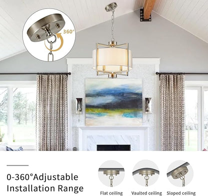 Modern Drum Chandelier for Dining Room, 4 Light Adjustable Rustic White Fabric Drum Chandeliers, Brushed Nickel Farmhouse Lights Hanging Light Fixture for Bedroom Living Room Hallway