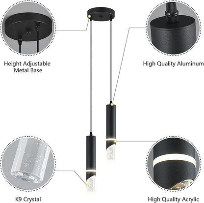Modern Dimmable Led Pendant Lights Kitchen Island, Ideal for Living Room, Bedroom,Sink 12w LED Crystal Energy-Saving Hanging Lamp for Cozy Lighting (Black 2 Light)
