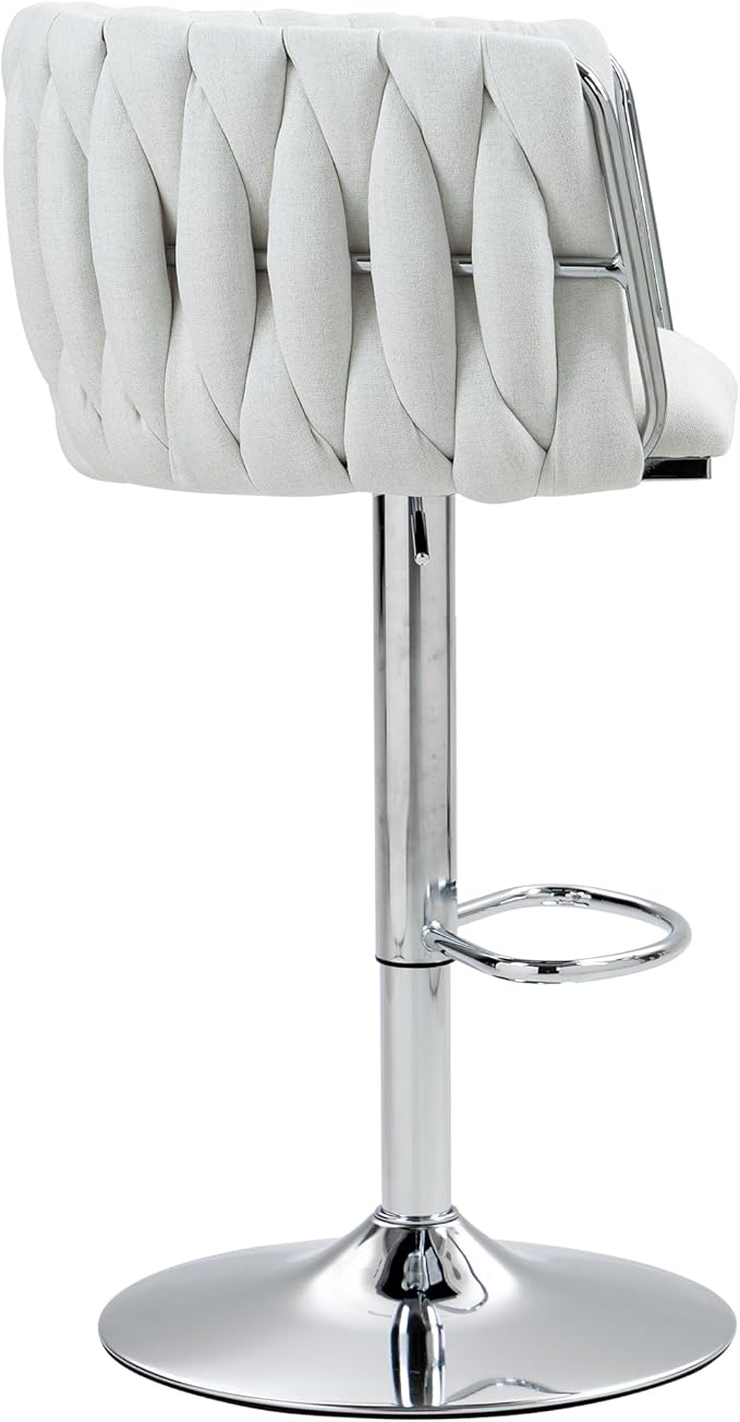 360° Fabric Cover Swivel Bar Stools Set of 2, Adjustable Counter Height Bar Chairs with Woven Back Footrest,Silver Chromed Bar Stools for Kitchen Island, Cafe, Pub (Beige)