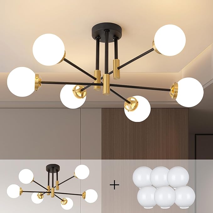 Biewalk Sputnik Ceiling Light Fixture 6 Light Sputnik Chandeliers, Black and Gold Chandelier Light Fixture with Milk White Glass Shade for Living Room Kitchen Bedroom Dining Room (E26 Bulb Excluded)