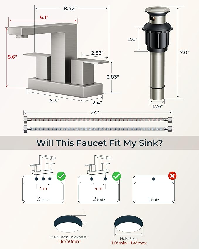 QFN 4 Inch Centerset Bathroom Faucets, Brushed Nickel 2 or 3 Hole Square Bathroom Sink Faucet with Pop-Up Drain and cUPC Supply Line, 2 Handles Suitable for Bath Sink, Vanity, Restroom