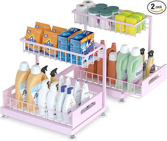 Saydear Under Sink Organizer Storage 2-Tier Premium Metal Pull-Out Kitchen Cabinet Organizer with Sliding Drawer, Height Adjustable, Heavy Duty for Kitchen & Bathroom Organizers 2 Pack Pink