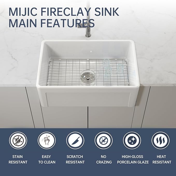 30 Inch White Farmhouse Sink Apron Front Ceramic Porcelain Fireclay Single Bowl Sink Large Deep Farm Kitchen Sinks 30" x 20" x10"