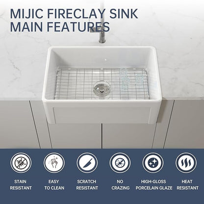 30 Inch White Farmhouse Sink Apron Front Ceramic Porcelain Fireclay Single Bowl Sink Large Deep Farm Kitchen Sinks 30" x 20" x10"