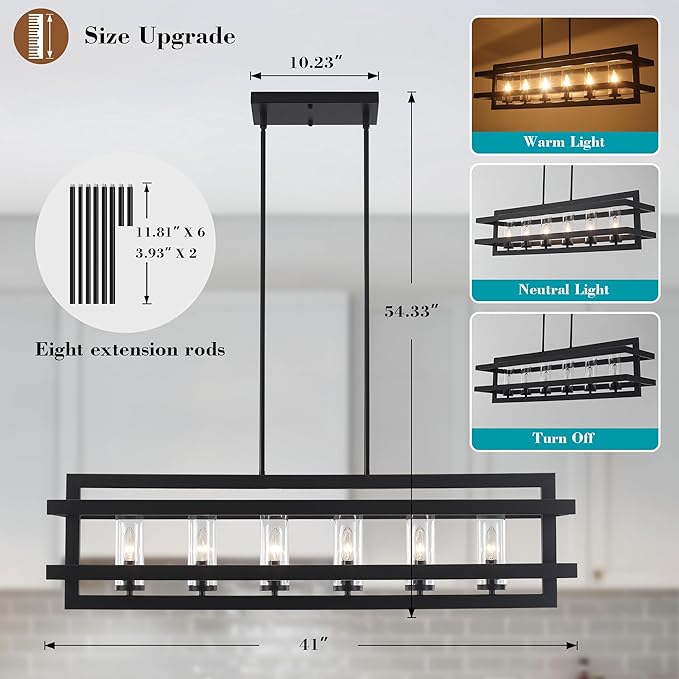 41" Black Pendant Lights Kitchen Island, Dining Room Light Fixtures 6-Light Rectangle Glass Shade Kitchen Island Lighting, Large Chandeliers for Dining Room with Adjustable Height
