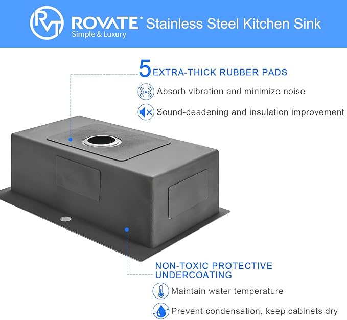 ROVATE 26 ×18 inches Drop-in Kitchen Sink Single Bowl 304 Stainless Steel, Handmade 9 Inches Deep Topmount Kitchen Sink with 1 Hole