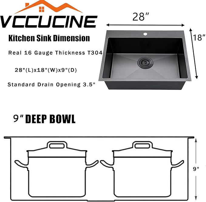 VCCUCINE 28x18 Inch Black Top Mount Drop in Kitchen Sink, Gunmetal Black Modern Square Single Bowl Stainless Steel Basin Topmount Kitchen Sink,16 Gauge Overmount Metal Laundry Sink with Strainer