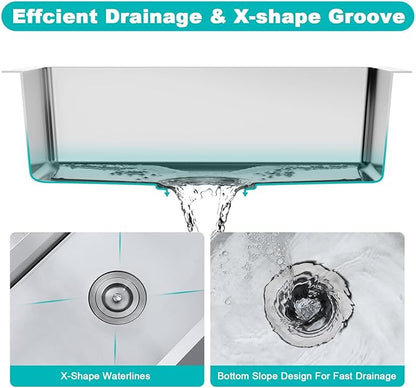 28 Inch Undermount Kitchen Sink, 18 Gauge 304 Stainless Steel Single Bowl with Bottom Grid & Roll-Up Drying Rack, Deep 9” Basin for Kitchen & Laundry (28”x18”x9”)