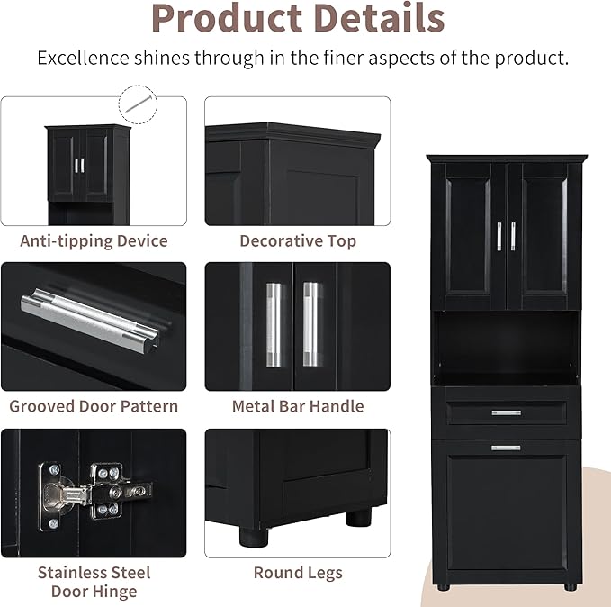Merax 70" Tall Storage Cabinet with Laundry Hamper, 1 Drawer and Adjustable Shelf, Freestanding for Bathroom, Black