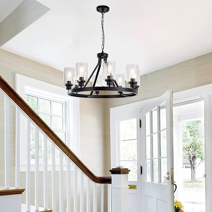 Lanhall 8-Light Black Dining Room Light Fixtures Farmhouse Wagon Wheel Chandelier Kitchen Island Pendant Lights Modern Industrial Rustic Adjustable Height Metal E26