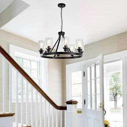 Lanhall 8-Light Black Dining Room Light Fixtures Farmhouse Wagon Wheel Chandelier Kitchen Island Pendant Lights Modern Industrial Rustic Adjustable Height Metal E26