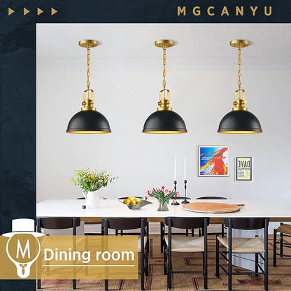Farmhouse Black and Gold Pendant Lights Kitchen Island, Matte Black Dome Pendant Lighting Gold Vintage Metal Hanging Ceiling Light Fixture for Living Dining Room Restaurant Entrance Sink