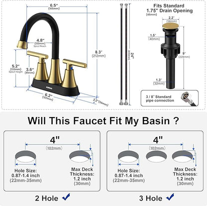 Bathroom Faucets for Sink 3 Hole, Hurran 4 inch Black and Gold Bathroom Sink Faucet with Pop-up Drain and Supply Hoses, Stainless Steel Lead-Free Centerset Faucets for Vanity RV