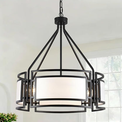 20'' Black Drum Chandeliers, 5Lights Black and White Drum Chandelier Modern Industrial Pendant Light Fixture, Adjustable Fabric Chandelier for Dining Room Kitchen Island Living Room Foyer E26