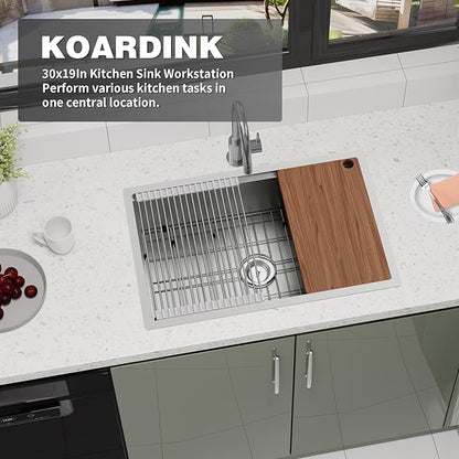 Kitchen Sink Workstation, 30x19 Inch Stainless Steel Drop In Kitchen Sink Modern Undermount Single Bowl Kitchen Sink Gift Combo-SS Grid,Drying Rack,Cutting Board,Utensil Rest, Drain Strainer Set