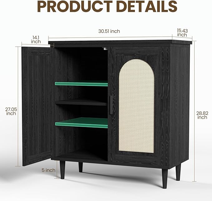 GarveeHome Sideboard Buffet Kitchen Storage Cabinet with Rattan, Solid Wood Feet for Living Room, Hallway, Entryway, Cabinet with Ample Storage Space (Black, 2 pcs)