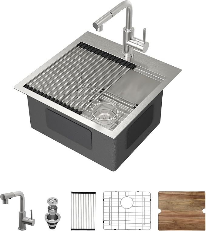 Outdoor Sink and Faucet18 Inch Drop In Bar Sink Workstation 16 Gauge Stainless Steel Single Bowl Small Basin With Pull-out Faucet Outdoor Bar RV Kitchen Sinks 18x18x9 Inch