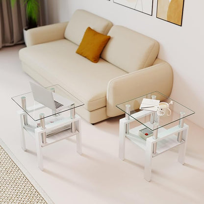 Set of 2 Glass End Table, 2-Layer Glass Living Room Table, Modern Tea Table Side Tables for Home Office Furniture