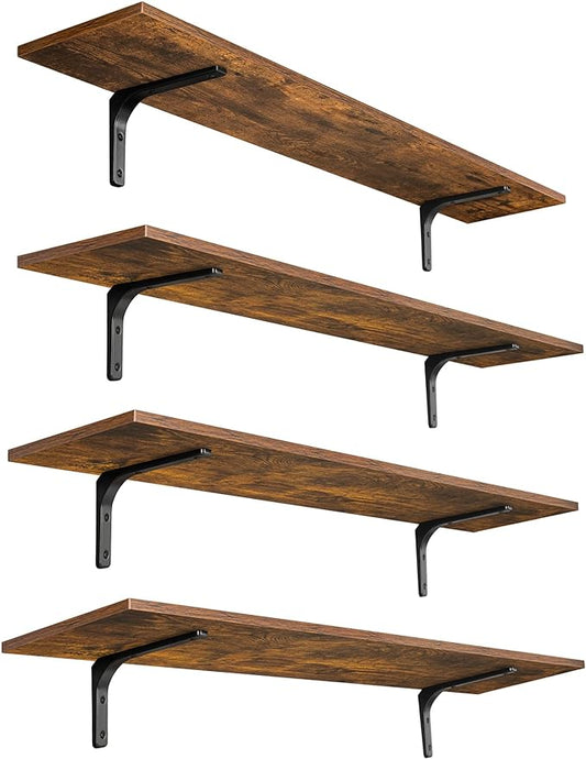 DINZI LVJ Long Wall Shelves, 47.3Inch Wall Mounted Shelves Set of 4, Extra Large Floating Storage Ledges with Sturdy Metal Brackets for Living Room, Bathroom, Bedroom, Kitchen, Rustic Brown