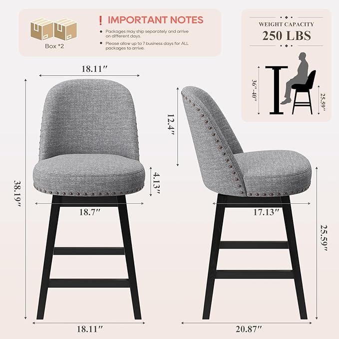 MALOL Swivel Bar Stools Set of 3, Upholstered Fabric Mid Century Mondern Barstools, 26 inch Counter Height Bar Chairs with Solid Back and Wood Legs, for Kitchen Island，Dark Grey
