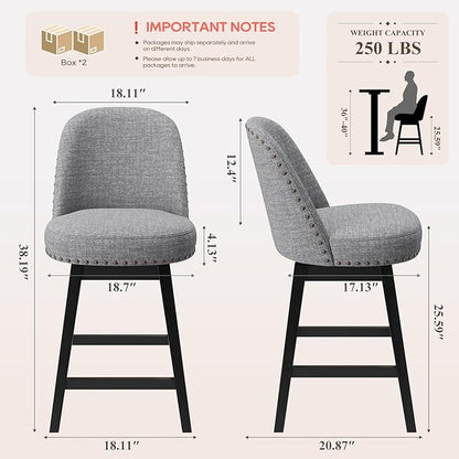 MALOL Swivel Bar Stools Set of 4, Upholstered Fabric Mid Century Mondern Barstools, 26 inch Counter Height Bar Chairs with Solid Back and Wood Legs, for Kitchen Island，Dark Grey