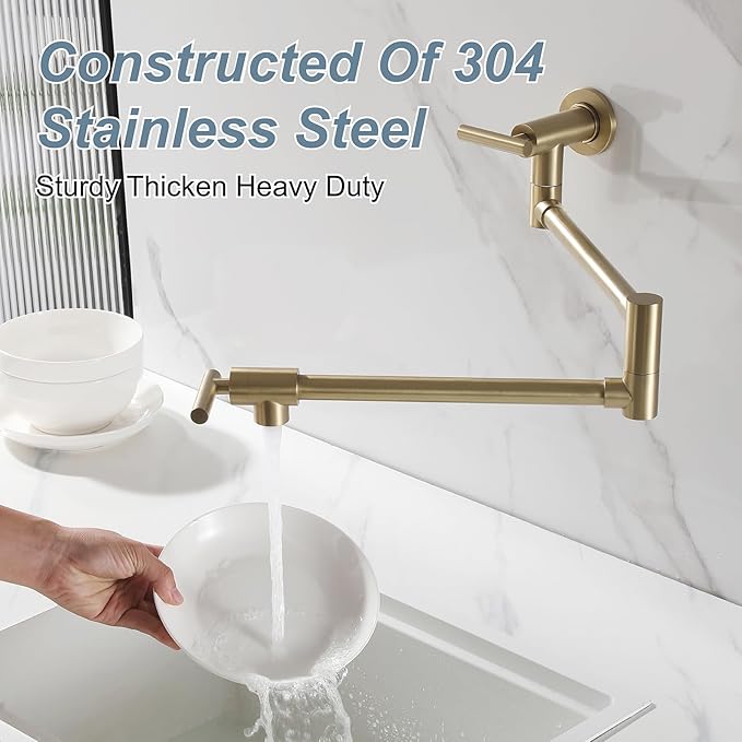 Wall Mount Pot Filler Faucet for Kitchen Upside Down Pot Filler Kitchen Folding Faucet with Dual Stretchable Double Joint Swing Arms, Brushed Gold