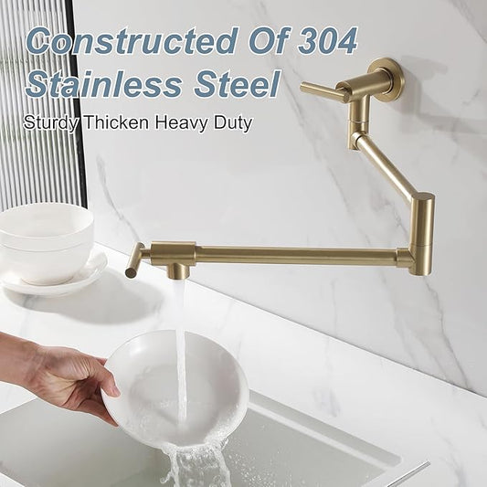 Wall Mount Pot Filler Faucet for Kitchen Upside Down Pot Filler Kitchen Folding Faucet with Dual Stretchable Double Joint Swing Arms, Brushed Gold