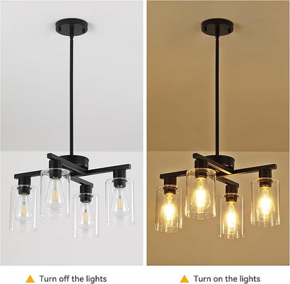 4-Light Modern Farmhouse Black Chandelier, Dining Room Light Fixture Over Table Adjustable Height Hanging Industrial Pendant Lights Kitchen Island, Clear Glass Shade