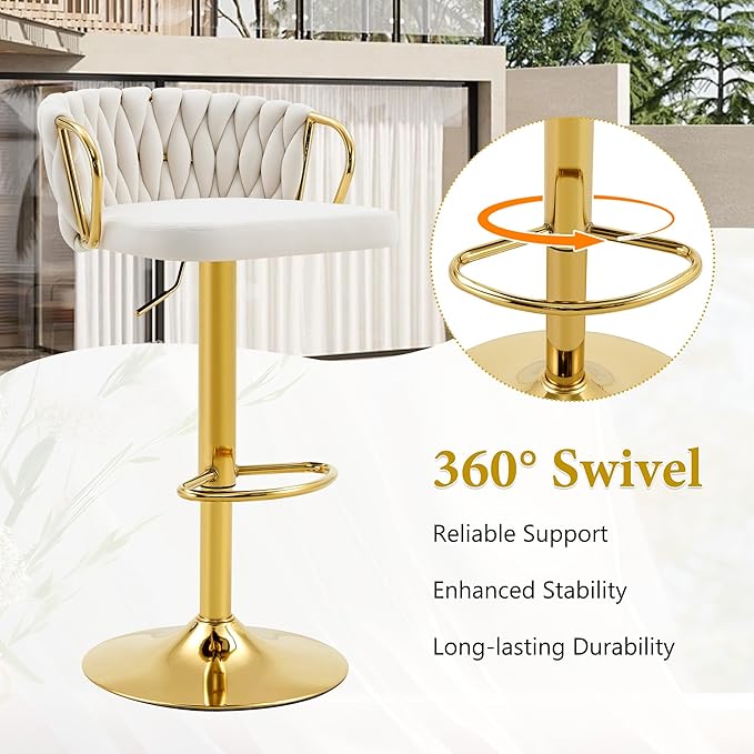 Velvet Bar Stools Set of 2, Woven Height Adjustable Swivel Barstools, Hydraulic Kitchen Counter Height Bar Chairs with Armrest and Back for Kitchen, Dining Room