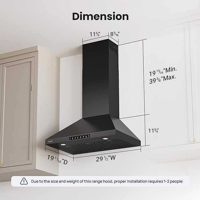 VIKIO HOME Wall Mount 30 Inch Range Hood 900 CFM, Ductless/Ducted Convertible, 3-speed Gesture Sensing & Touch Control, Black Painted Stainless Steel Kitchen Vent Hood with Permanent Baffle Filters