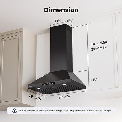 VIKIO HOME Wall Mount 30 Inch Range Hood 900 CFM, Ductless/Ducted Convertible, 3-speed Gesture Sensing & Touch Control, Black Painted Stainless Steel Kitchen Vent Hood with Permanent Baffle Filters