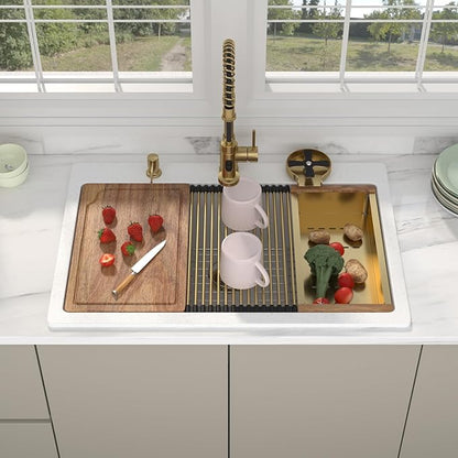 33 Granite Composite Kitchen Sink - Beslend 33x22 Drop In White Kitchen Sink with High Pressure Glass Rinser, Granite Composite Worksation White Sinks Easy Clean Quartz Basin for Kitchen Remodel
