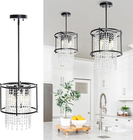 YITAHOME 4-Light Dining Room Crystal Light Fixture, 11.8 inch Round Farmhouse Chandelier Black Metal Pendant Light for Kitchen Island Dining Room Living Room