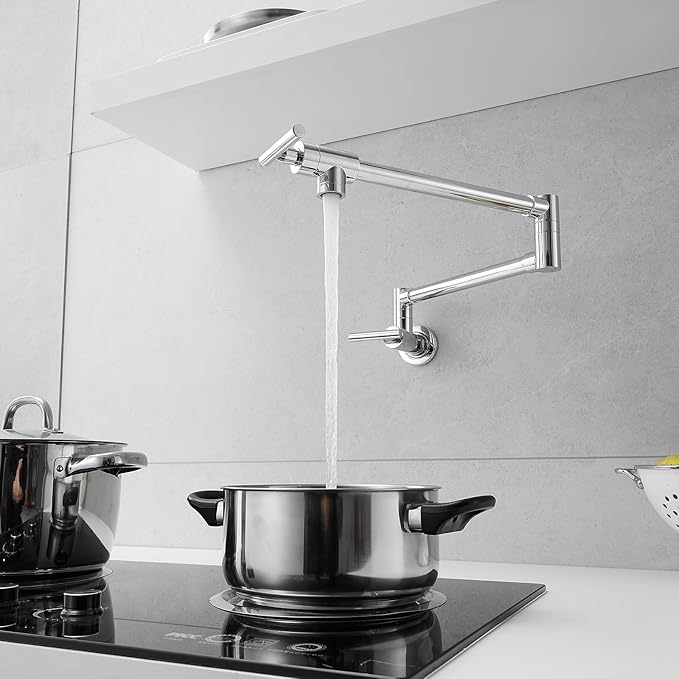 GIMILI Chrome Pot Filler Commercial Wall Mount Faucet Folding Double Joint Swing Arm Pot Filler Rotatable Wall Faucet