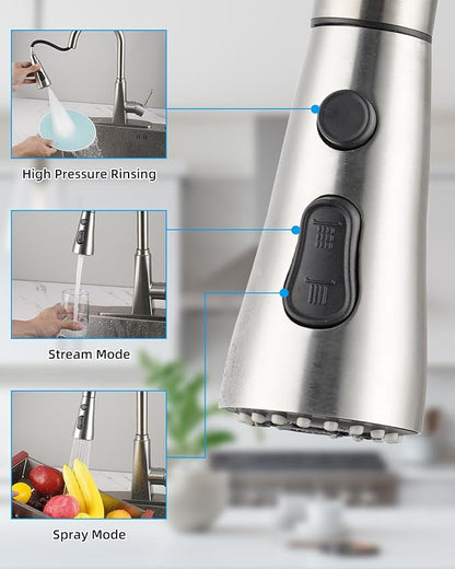 Hibbent Stainless Steel Pull Down Spray Head Replacement with 15 Adapters, NSF/ANSI/CAN 61 & CUPC Certified 3-Function Kitchen Faucet Nozzle, Compatible with Moen, Delta, Kohler Faucet, Brushed Nickel