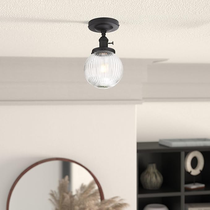 Yosoan 1-Light Indoor On Off Switch Hallway Ceiling Light, Modern Single Vintage Industrial Semi Flush Mounted with Retro Striped Round Shade for Kitchen Entry Bathroom Bedroom(Matte Black)