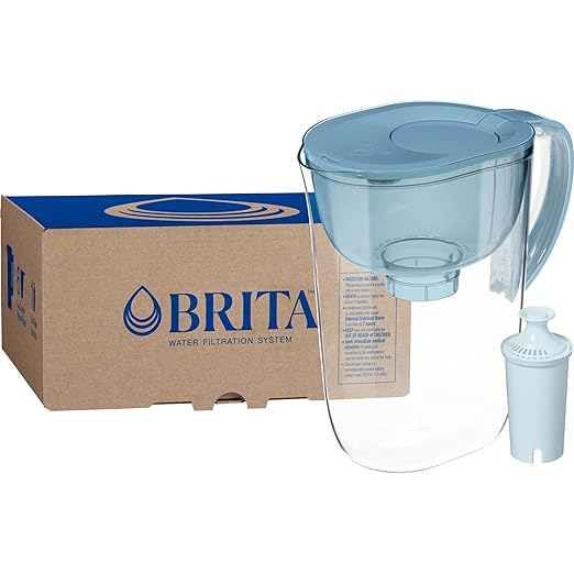 Brita Large 10-Cup Water Filter Pitcher with BritaPlus Filter, WQA NSF/ANSI Certified, Reduces 2X Contaminants vs. Standard, Removes Chlorine Taste & Odor, Reduces Zinc Copper Mercury, Stone Blue