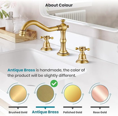 gotonovo Bathroom Faucet 3 Hole 8 Inch Widespread Bathroom Sink Faucet 2 Cross Handles Vintage Lavatory Vanity Mixer Tap with Pop Up Drain, HOT Cold Label, Antique Brass