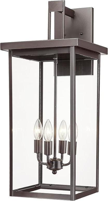 ML Lighting | Barkeley Collection | 42603-PBZ | 27" Modern Four Bulb Outdoor Steel Large Wall Sconce | Anti-Rust Powder Coat Bronze with Clear Glass Shade | Exterior Ambient Light for Safety