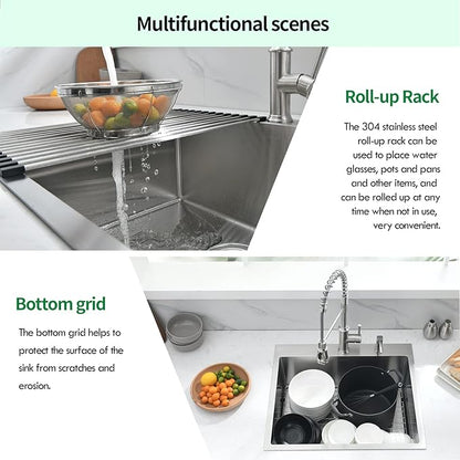 Drop In Kitchen Sink, 25 x 22 x 10 Inch 16 Gauge Single Bowl Topmount Sink T-304 Stainless Steel Kitchen Sinks with Accessories
